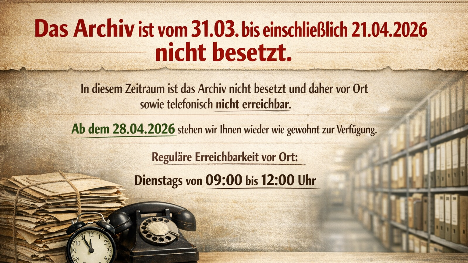 Mehr über den Artikel erfahren Das Kirchenarchiv ist vom 31.03. bis einschließlich 21.04.2026 nicht besetzt