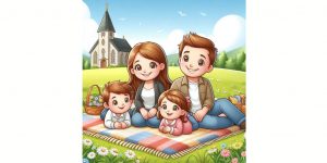 Comic-Bild einer 4-köpfigen Familie auf einer Decke auf einer Wiese vor einer Kirche